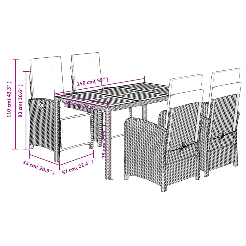 vidaXL Σετ Τραπεζαρίας Κήπου 5 τεμ. Γκρι Συνθ. Ρατάν με Μαξιλάρια