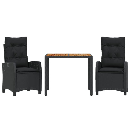 vidaXL Σετ Τραπεζαρίας Κήπου 3 τεμ. Μαύρο Συνθετικό Ρατάν με Μαξιλάρια