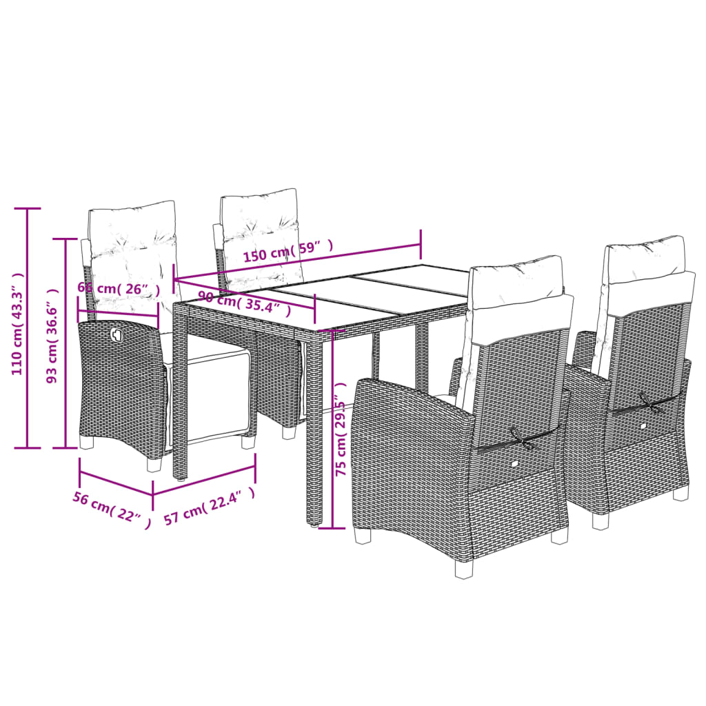 vidaXL Σετ Τραπεζαρίας Κήπου 5 Τεμαχίων Μαύρο Συνθ. Ρατάν με Μαξιλάρια