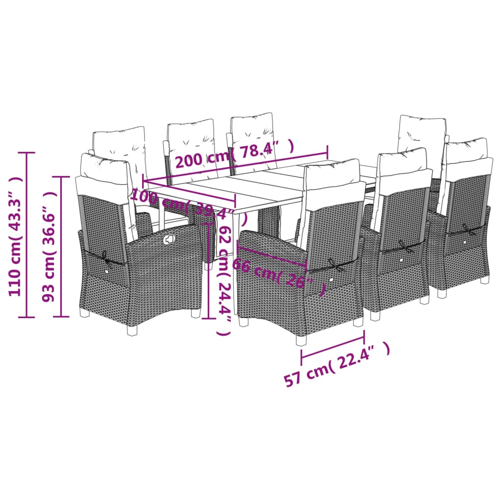 vidaXL Σετ Τραπεζαρίας Κήπου 9 τεμ. Καφέ Συνθετικό Ρατάν με Μαξιλάρια