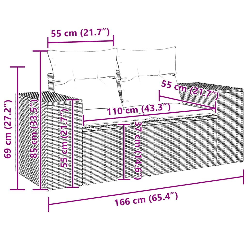 vidaXL Καναπές Κήπου Διθέσιος με Μαξιλάρια Μαύρος από Συνθετικό Ρατάν