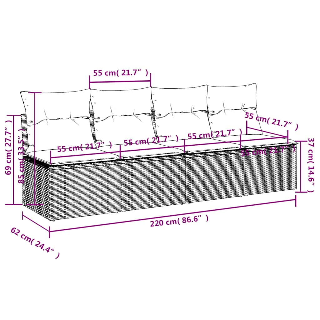 vidaXL Καναπές Κήπου με μαξιλάρι Γκρι 220 x 62 x 69 εκ συνθετικό ρατάν