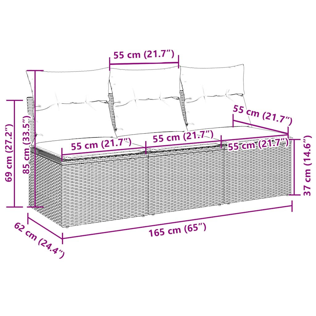 vidaXL Καναπές Κήπου Τριθέσιος Γκρι από Συνθετικό Ρατάν με Μαξιλάρια