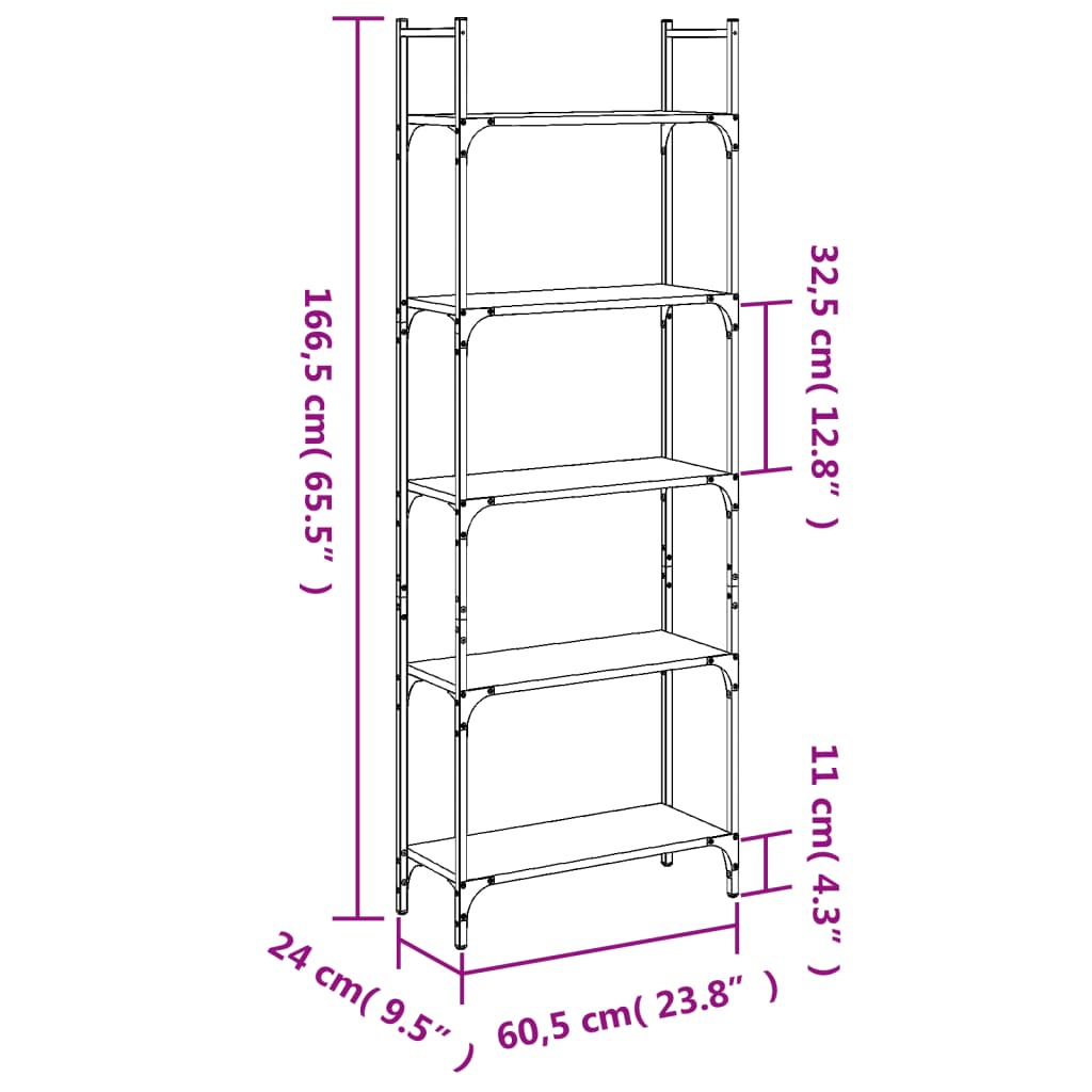 vidaXL Βιβλιοθήκη 5 Επιπέδων Μαύρη 60,5x24x166,5 εκ. Επεξεργ. Ξύλο