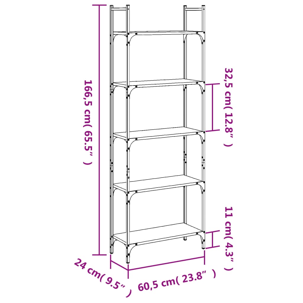 vidaXL Βιβλιοθήκη 5 Επιπέδων Καπν. Δρυς 60,5x24x166,5εκ. Επεξεργ. Ξύλο