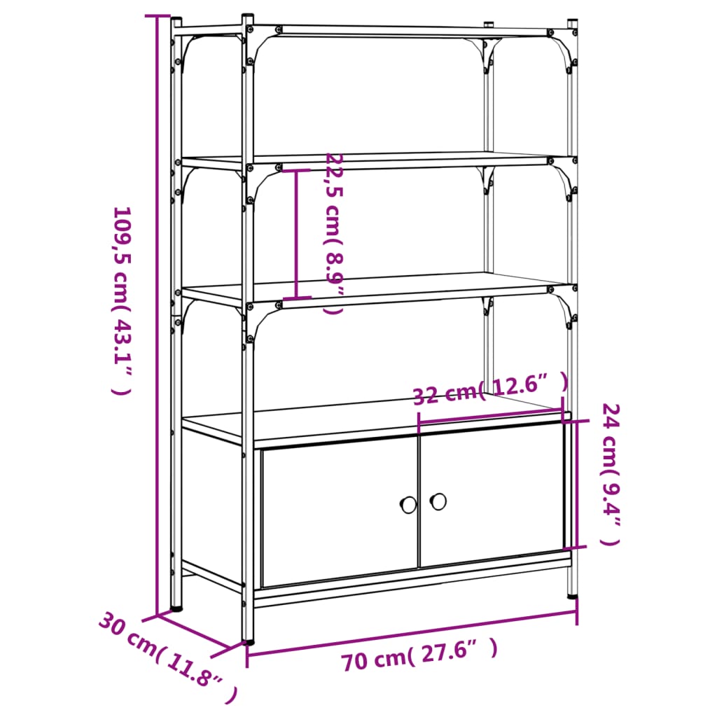 vidaXL Βιβλιοθήκη 3 Επιπέδων Γκρι Sonoma 70x30x109,5 εκ. Επεξεργ. Ξύλο