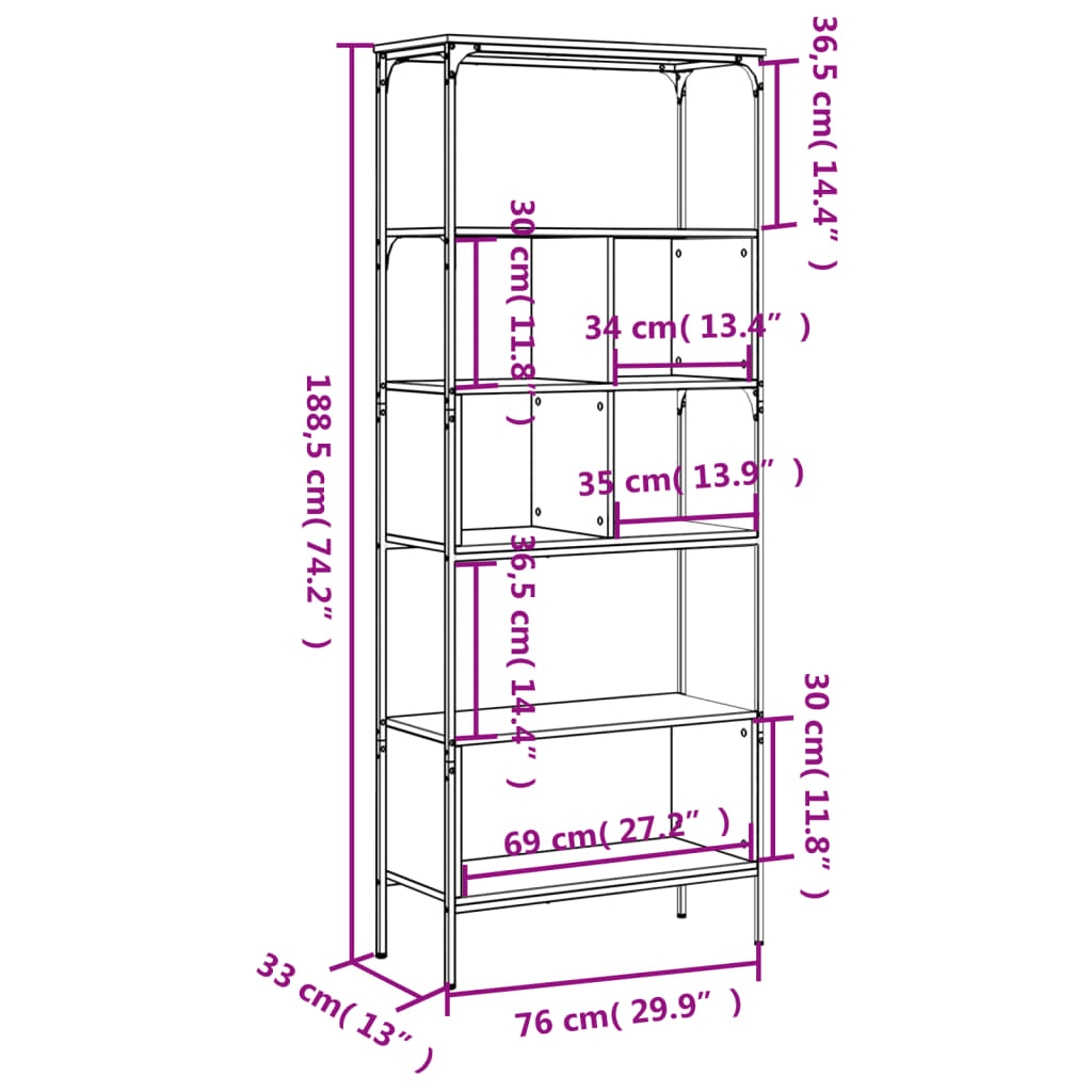 vidaXL Βιβλιοθήκη 5 Επιπέδων Καπνιστή Δρυς 76x33x188,5 εκ. Επεξ. Ξύλο