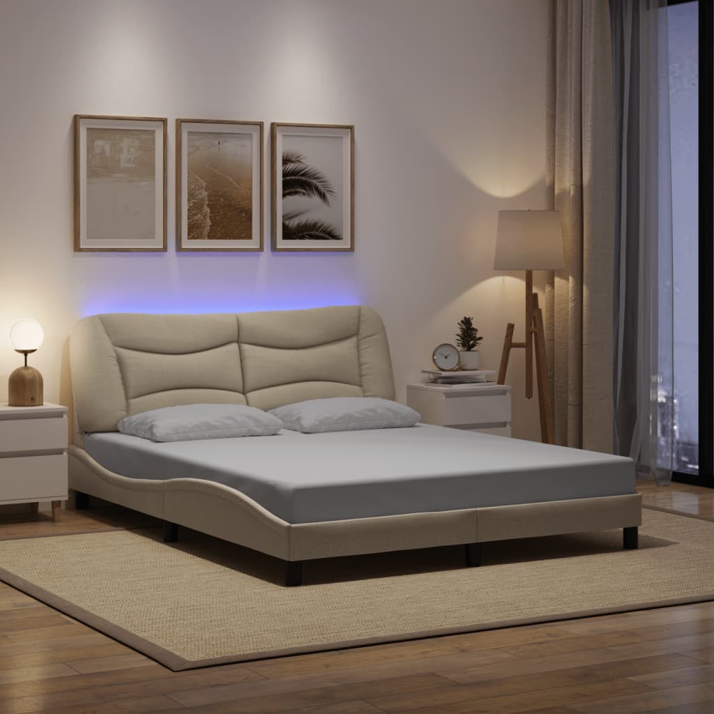 vidaXL Πλαίσιο κρεβατιού με LED χωρίς στρώμα Hvar Κρέμα 160x200 cm Ύφασμα