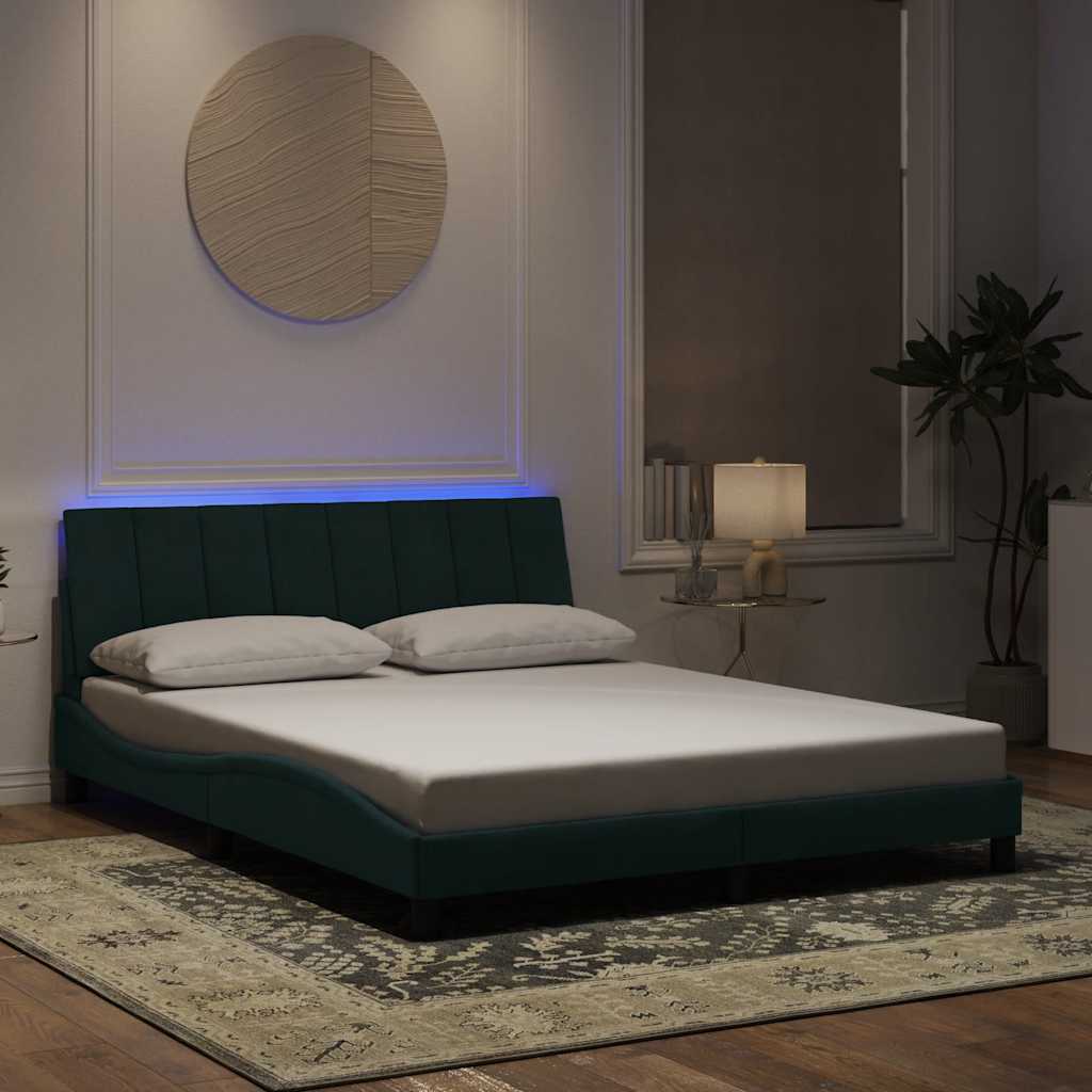 vidaXL Πλαίσιο Κρεβατιού με LED χωρίς Στρώμα Hanko Σκούρο Πράσινο 160x200 εκ. Βελούδινο