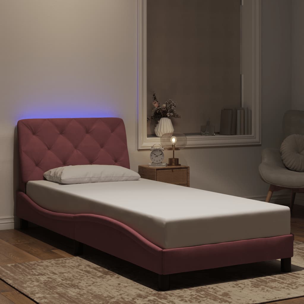 vidaXL Πλαίσιο κρεβατιού με LED χωρίς στρώμα Ροζ 90x190 εκ. Βελούδινο