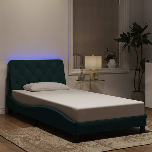 vidaXL Πλαίσιο κρεβατιού με LED χωρίς στρώμα Σκούρο Πράσινο 100x200 εκ. Βελούδινο