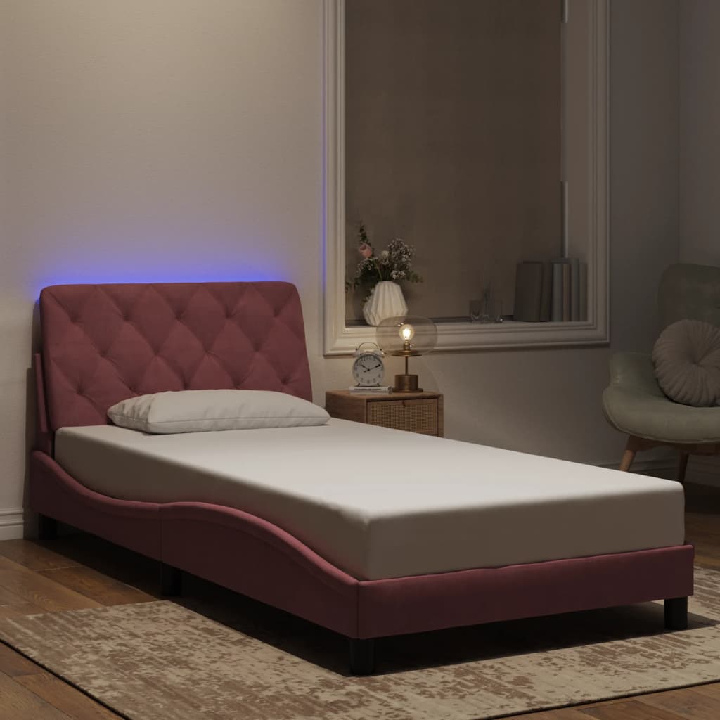 vidaXL Πλαίσιο κρεβατιού με LED χωρίς στρώμα Ροζ 100x200 εκ. Βελούδινο