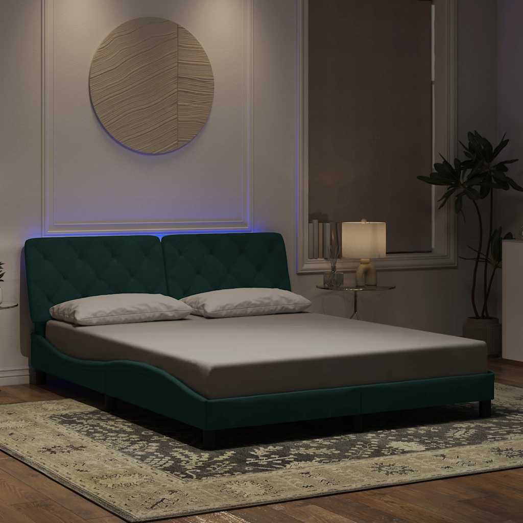 vidaXL Πλαίσιο κρεβατιού με LED χωρίς στρώμα Σκούρο Πράσινο 160x200 εκ. Βελούδινο