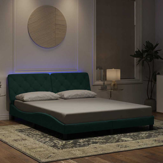 vidaXL Πλαίσιο κρεβατιού με LED χωρίς στρώμα Σκούρο Πράσινο 160x200 εκ. Βελούδινο