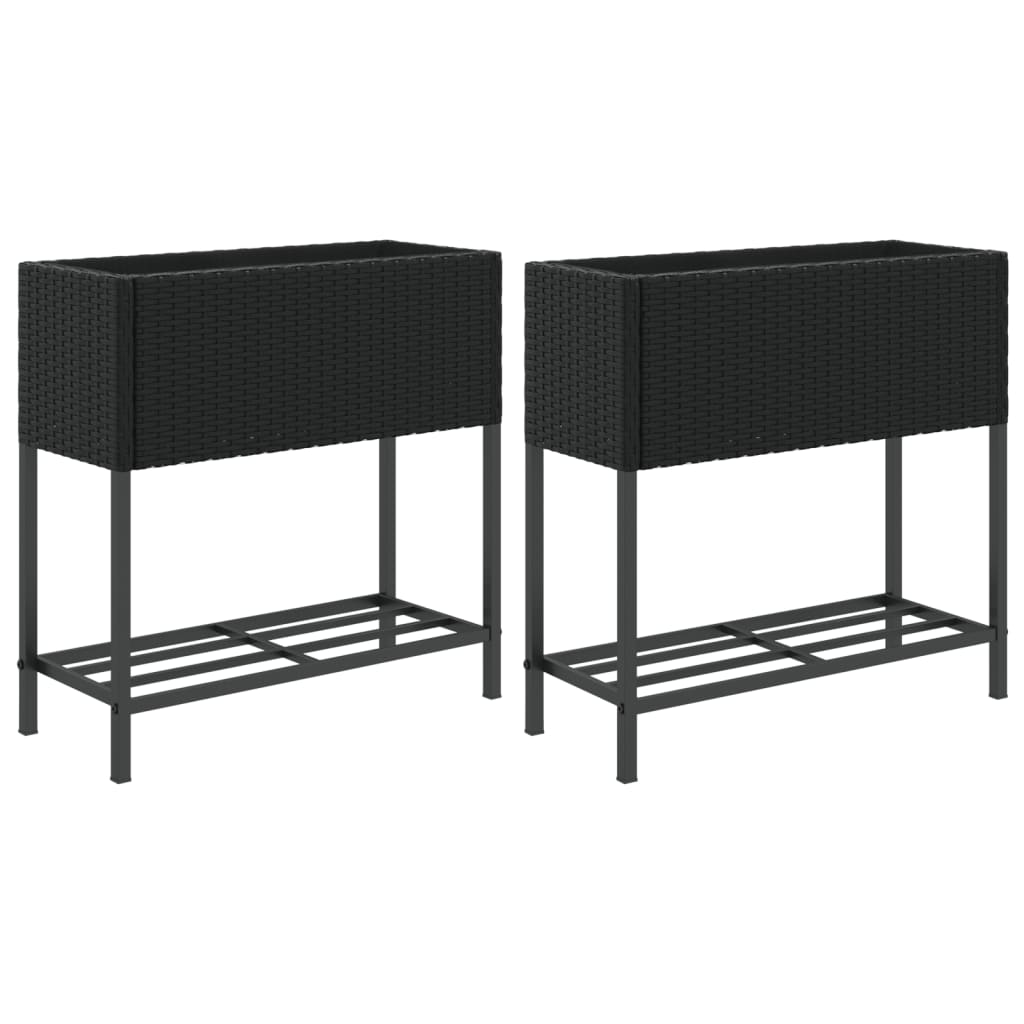 vidaXL Γλάστρες Κήπου με Ράφια 2 τεμ. Μαύρες 70x28x70 εκ Συνθ. Ρατάν