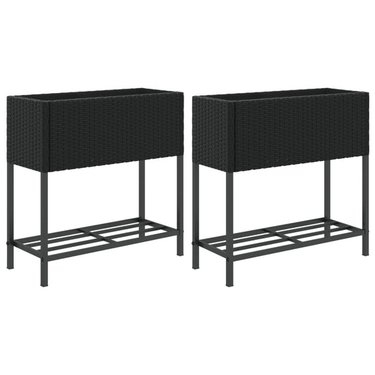 vidaXL Γλάστρες Κήπου με Ράφια 2 τεμ. Μαύρες 70x28x70 εκ Συνθ. Ρατάν