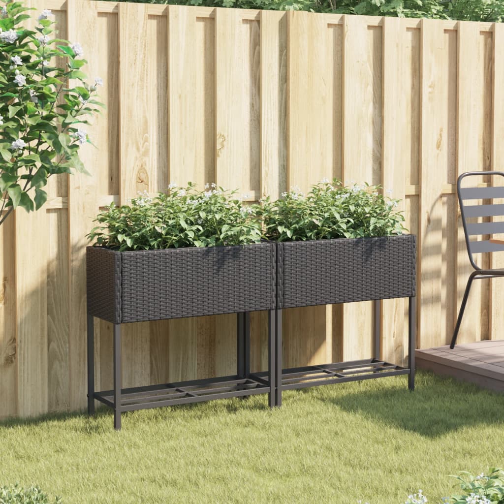vidaXL Γλάστρες Κήπου με Ράφια 2 τεμ. Μαύρες 70x28x70 εκ Συνθ. Ρατάν