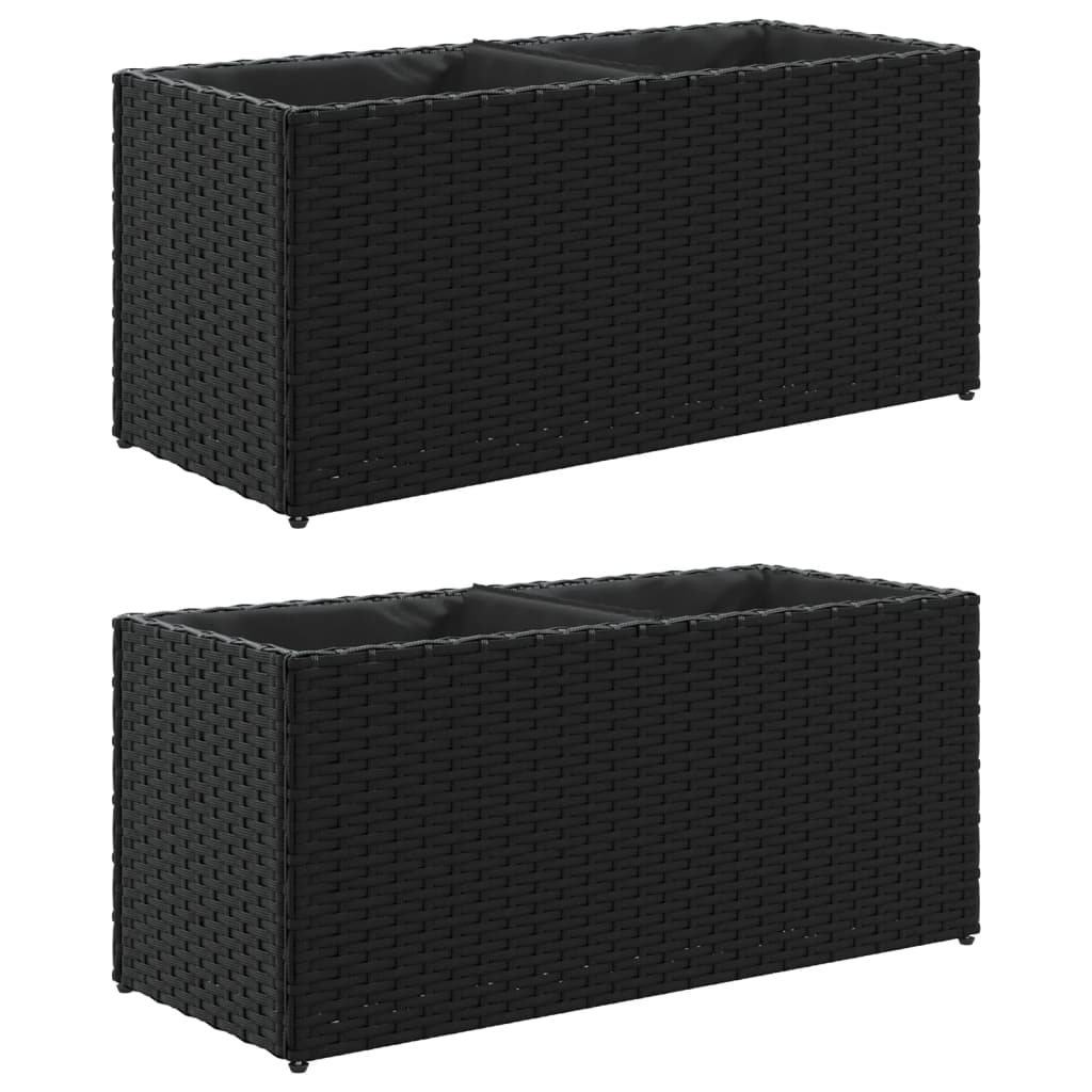 vidaXL Ζαρντινιέρα Κήπου Μαύρη 72x30x32 εκ. Συνθ. Ρατάν με 2 Γλάστρες