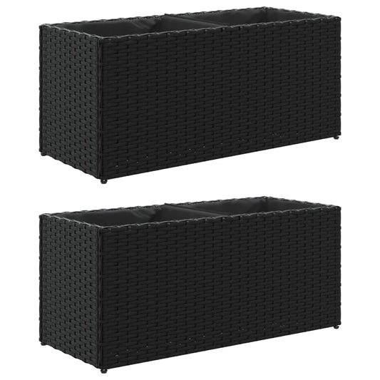 vidaXL Ζαρντινιέρα Κήπου Μαύρη 72x30x32 εκ. Συνθ. Ρατάν με 2 Γλάστρες