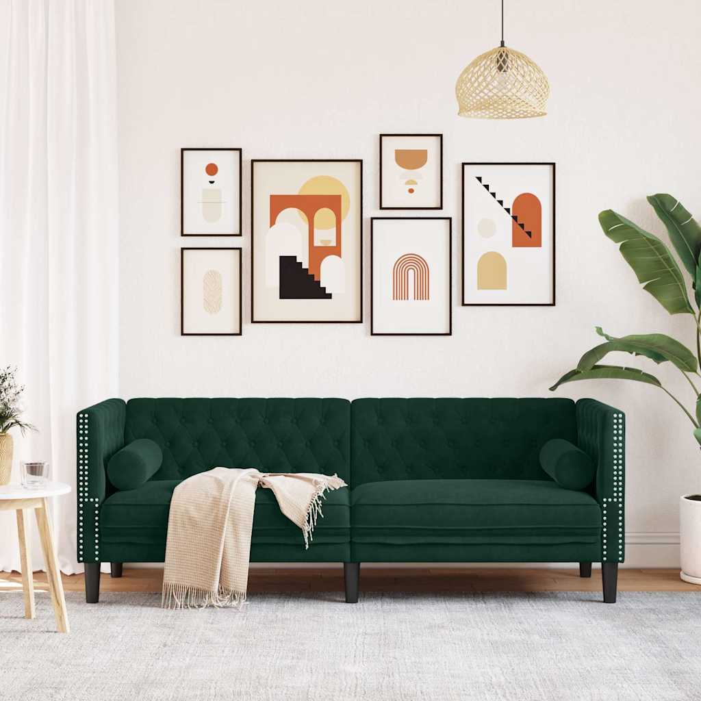 vidaXL Καναπές Τριθέσιος Chesterfield + Στηρίγματα Σκ. Πράσινο Βελούδο
