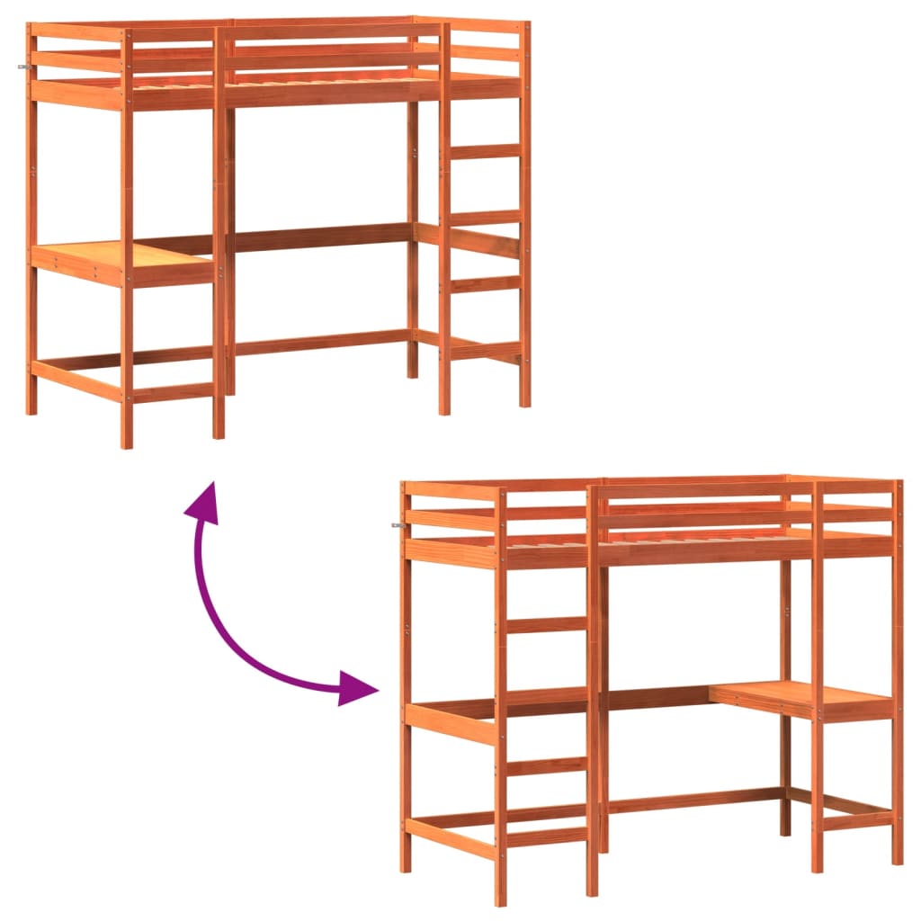 vidaXL Κρεβάτι Υπερυψωμένο Λευκό 90x200εκ Μασίφ Ξύλο Πεύκου Γραφείο