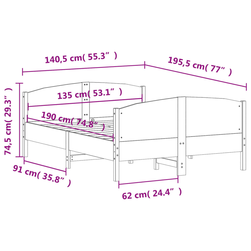 vidaXL Σκελετός Κρεβ. Χωρίς Στρώμα Λευκό 135x190 εκ Μασίφ Πεύκο