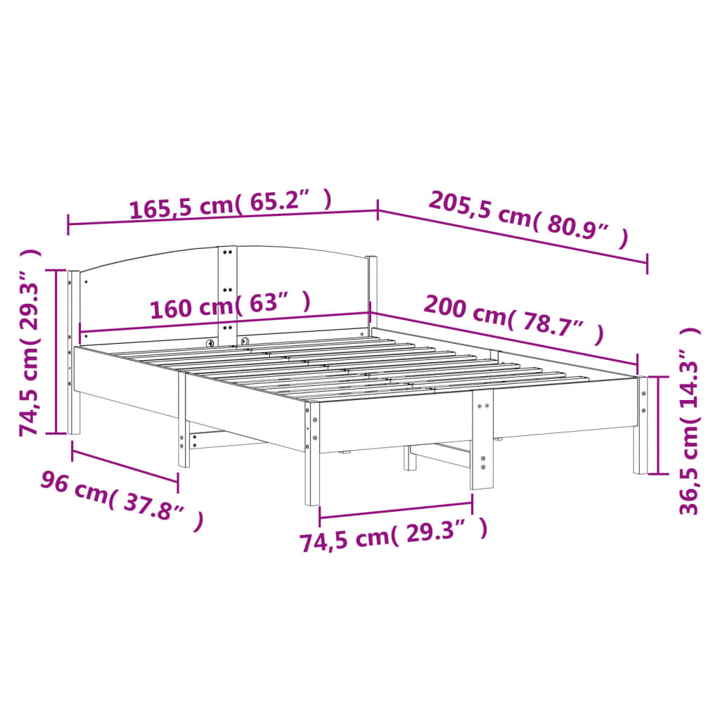 vidaXL Σκελετός Κρεβατιού Χωρίς Στρώμα 160x200 εκ Μασίφ Ξύλο Πεύκου