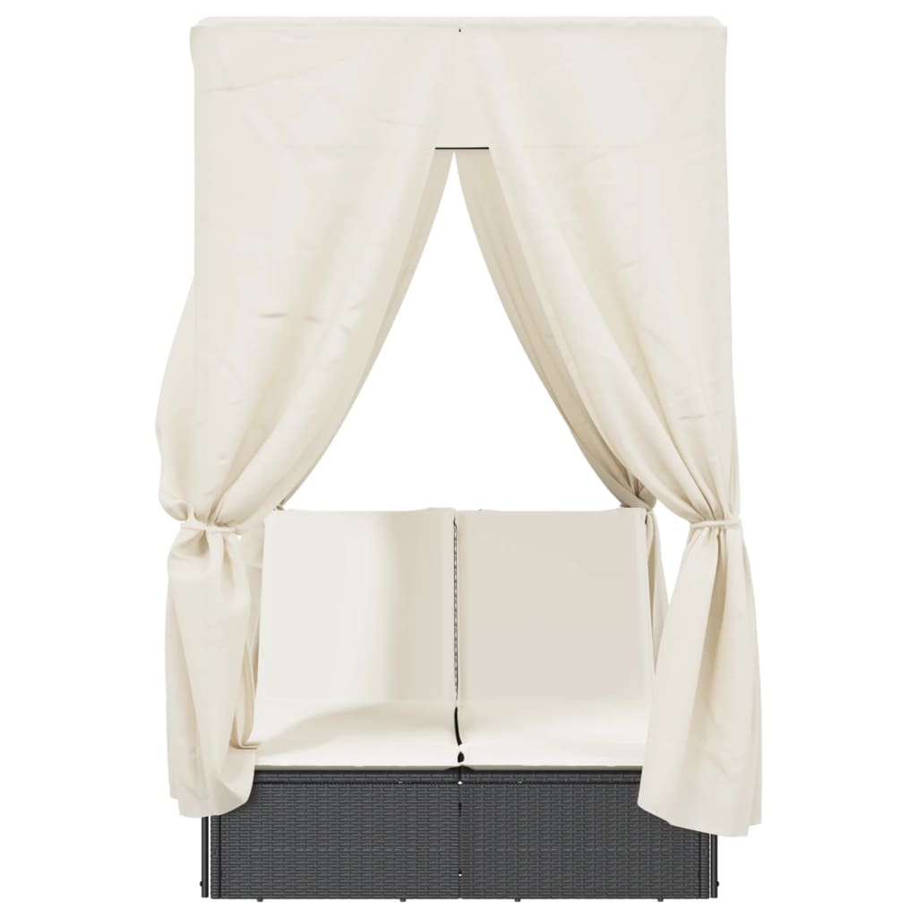 vidaXL Ξαπλώστρα Διπλή Μαύρη από Συνθετικό Ρατάν με Οροφή / Κουρτίνες