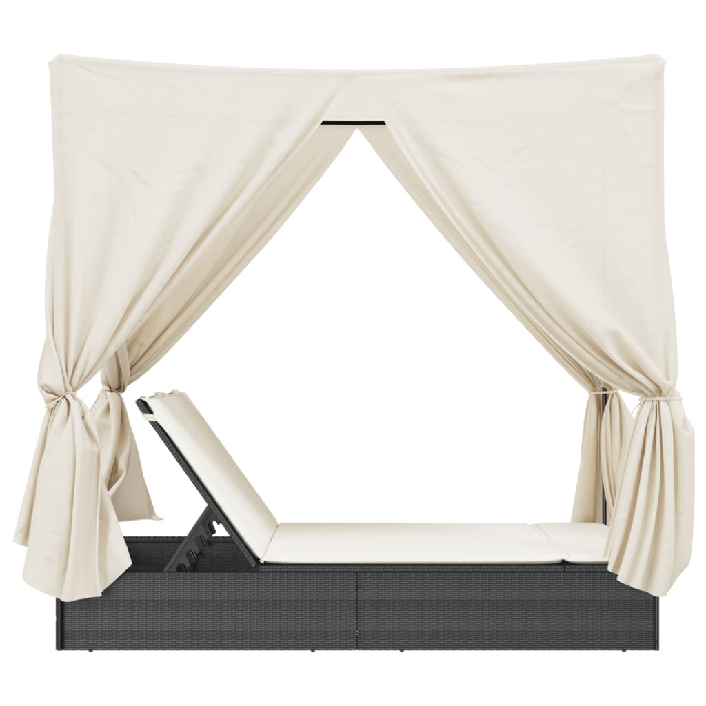 vidaXL Ξαπλώστρα Διπλή Μαύρη από Συνθετικό Ρατάν με Οροφή / Κουρτίνες