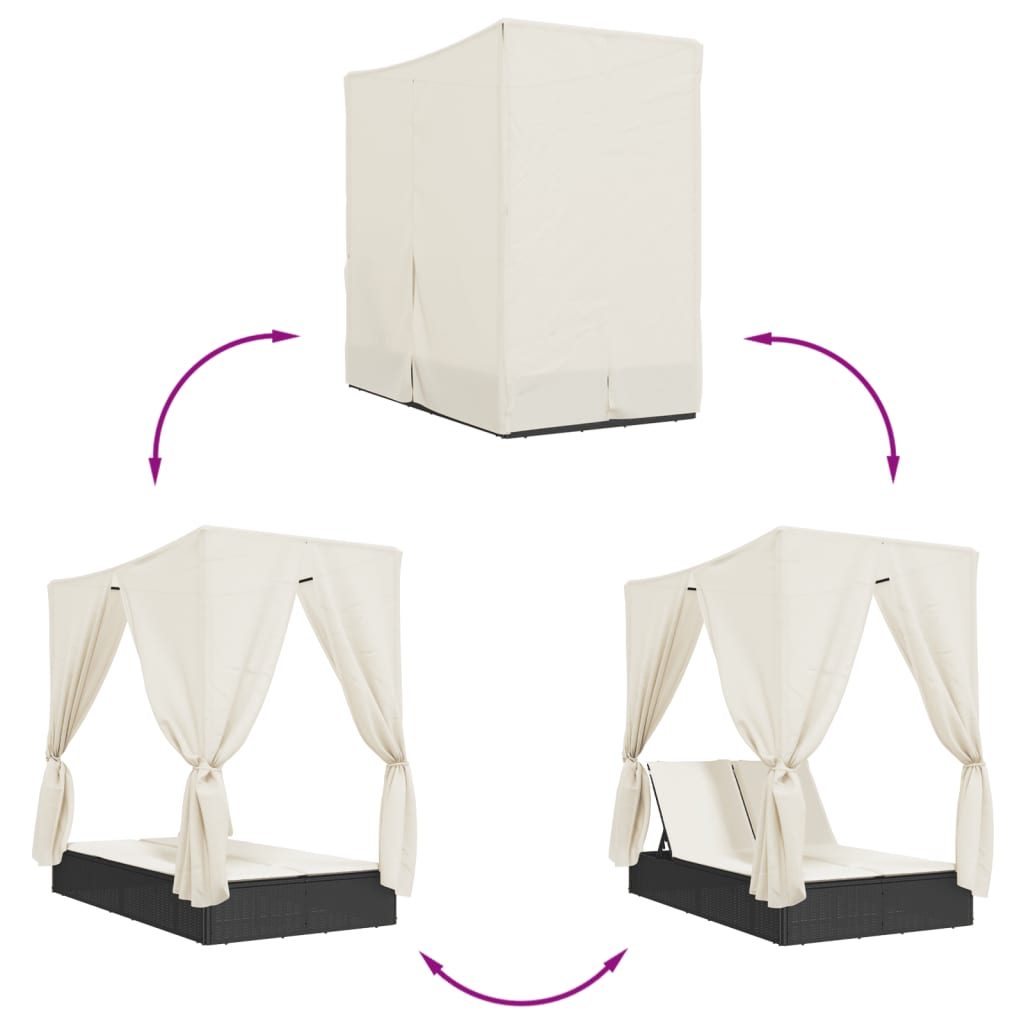 vidaXL Ξαπλώστρα Διπλή Μαύρη από Συνθετικό Ρατάν με Οροφή / Κουρτίνες