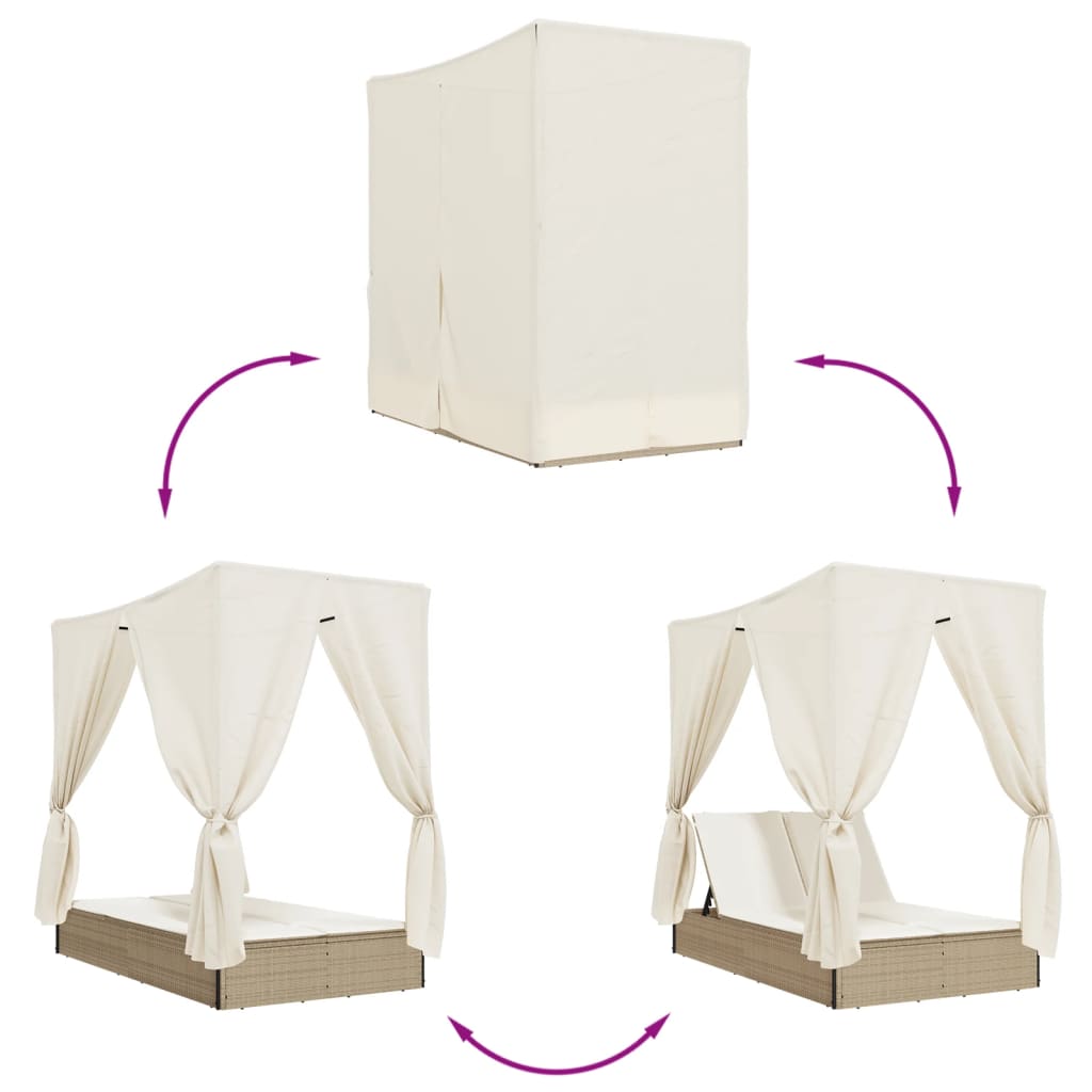 vidaXL Ξαπλώστρα Διπλή Μπεζ από Συνθετικό Ρατάν με Οροφή / Κουρτίνες