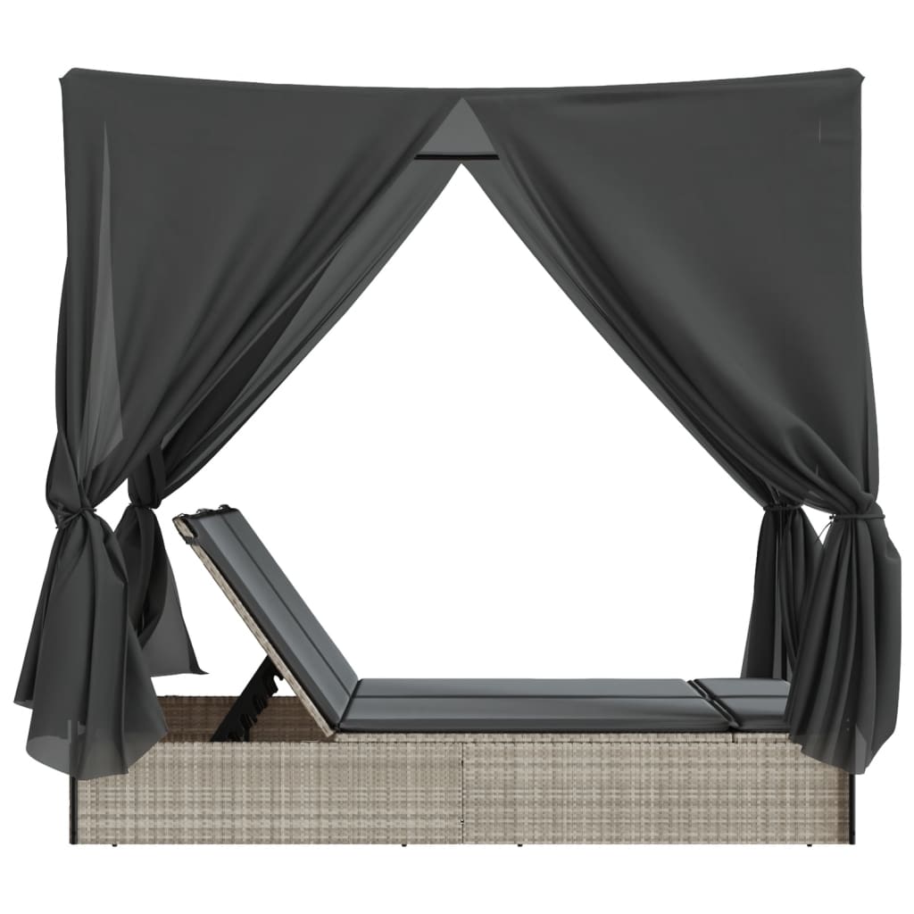 vidaXL Ξαπλώστρα Διπλή Αν. Γκρι Συνθετικό Ρατάν Σκίαστρο και Μαξιλάρια