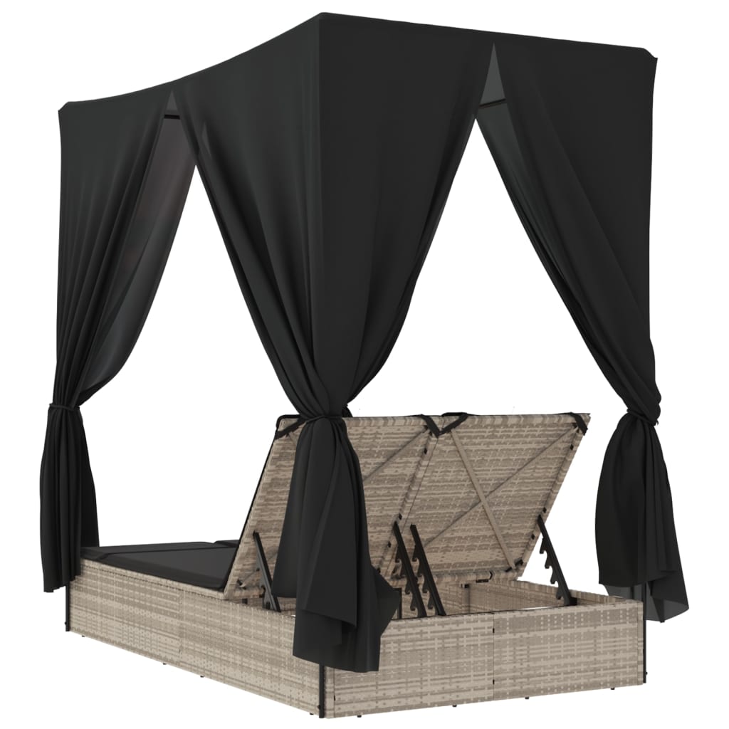 vidaXL Ξαπλώστρα Διπλή Αν. Γκρι Συνθετικό Ρατάν Σκίαστρο και Μαξιλάρια