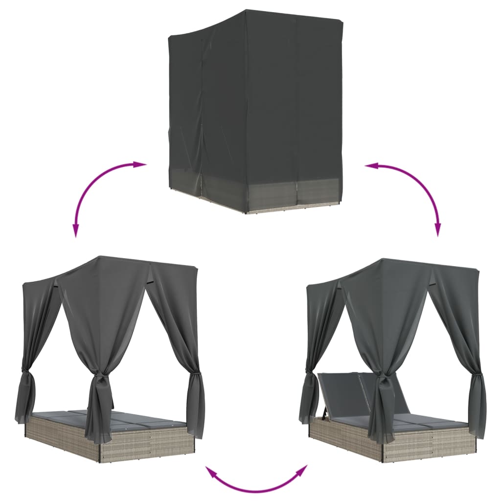 vidaXL Ξαπλώστρα Διπλή Αν. Γκρι Συνθετικό Ρατάν Σκίαστρο και Μαξιλάρια