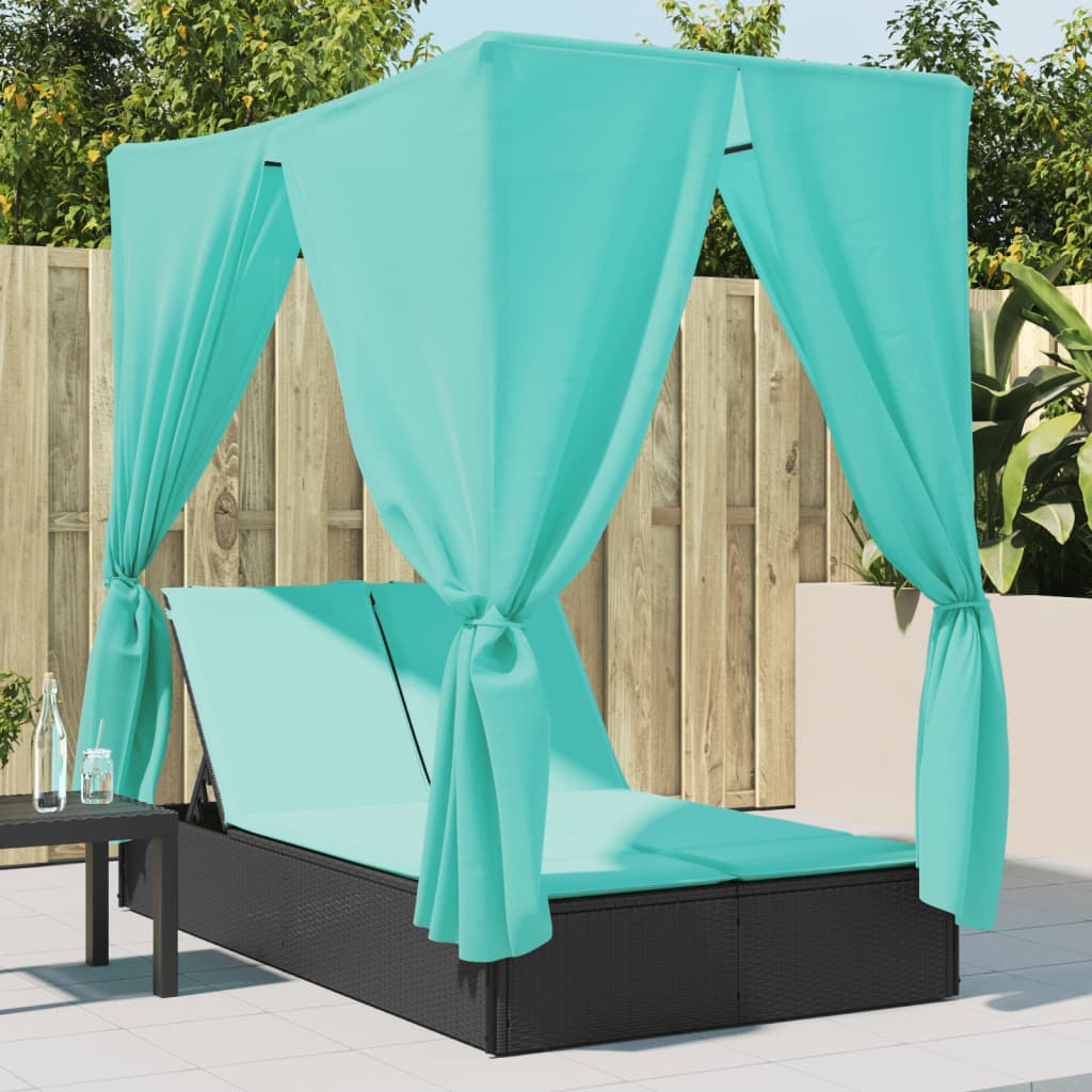 vidaXL Ξαπλώστρα Διπλή Μαύρη από Συνθετικό Ρατάν με Οροφή / Κουρτίνες