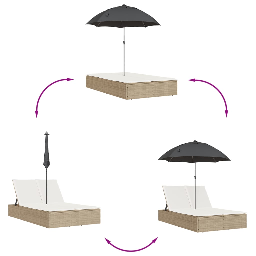 vidaXL Ξαπλώστρα Διπλή Μπεζ από Συνθετικό Ρατάν με Μαξιλάρια/Ομπρέλα