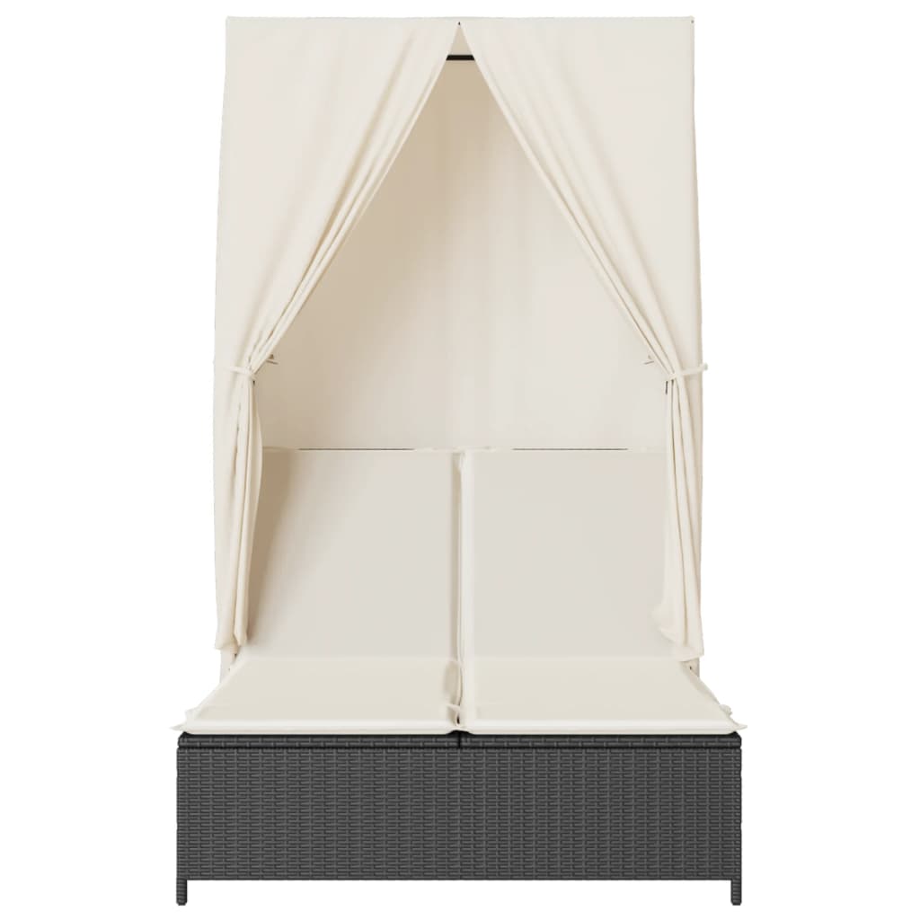 vidaXL Ξαπλώστρα Διπλή Μαύρη από Συνθετικό Ρατάν με Οροφή / Κουρτίνες