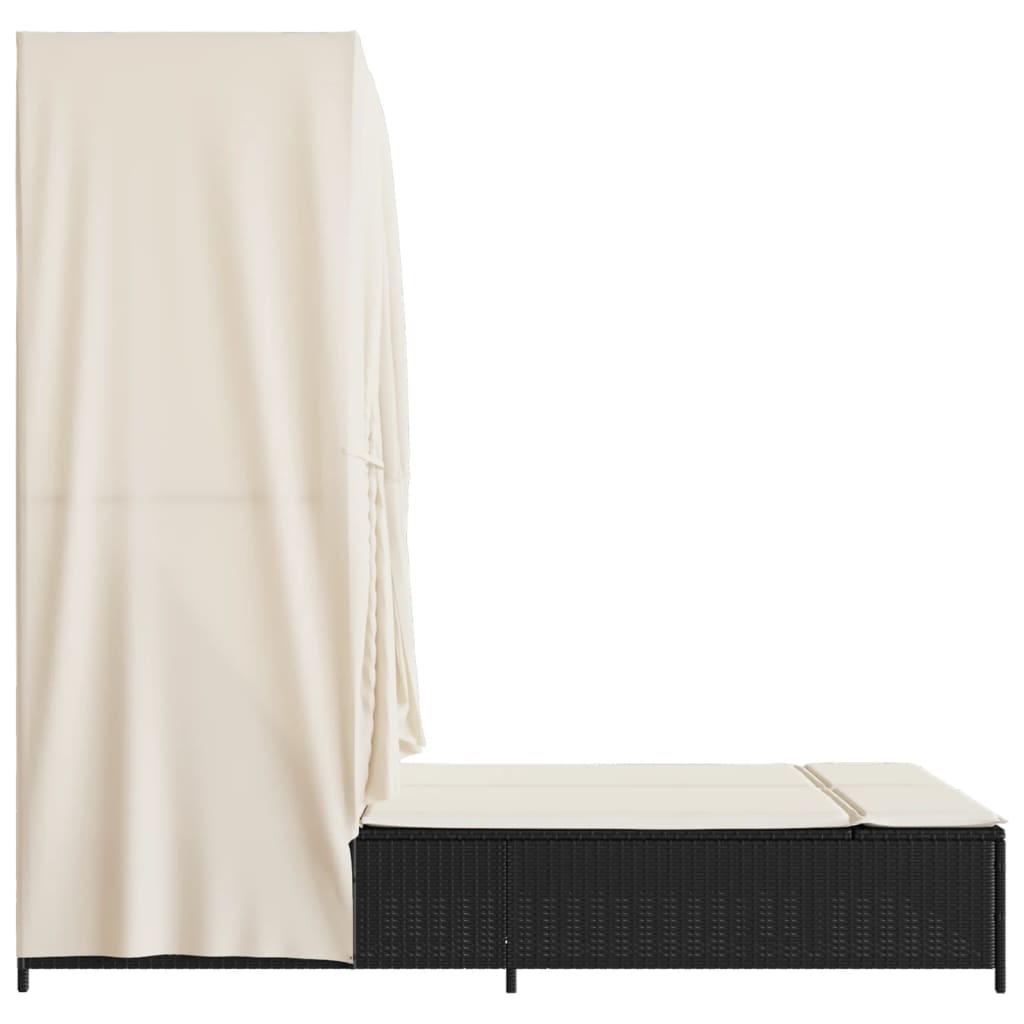 vidaXL Ξαπλώστρα Διπλή Μαύρη από Συνθετικό Ρατάν με Οροφή / Κουρτίνες