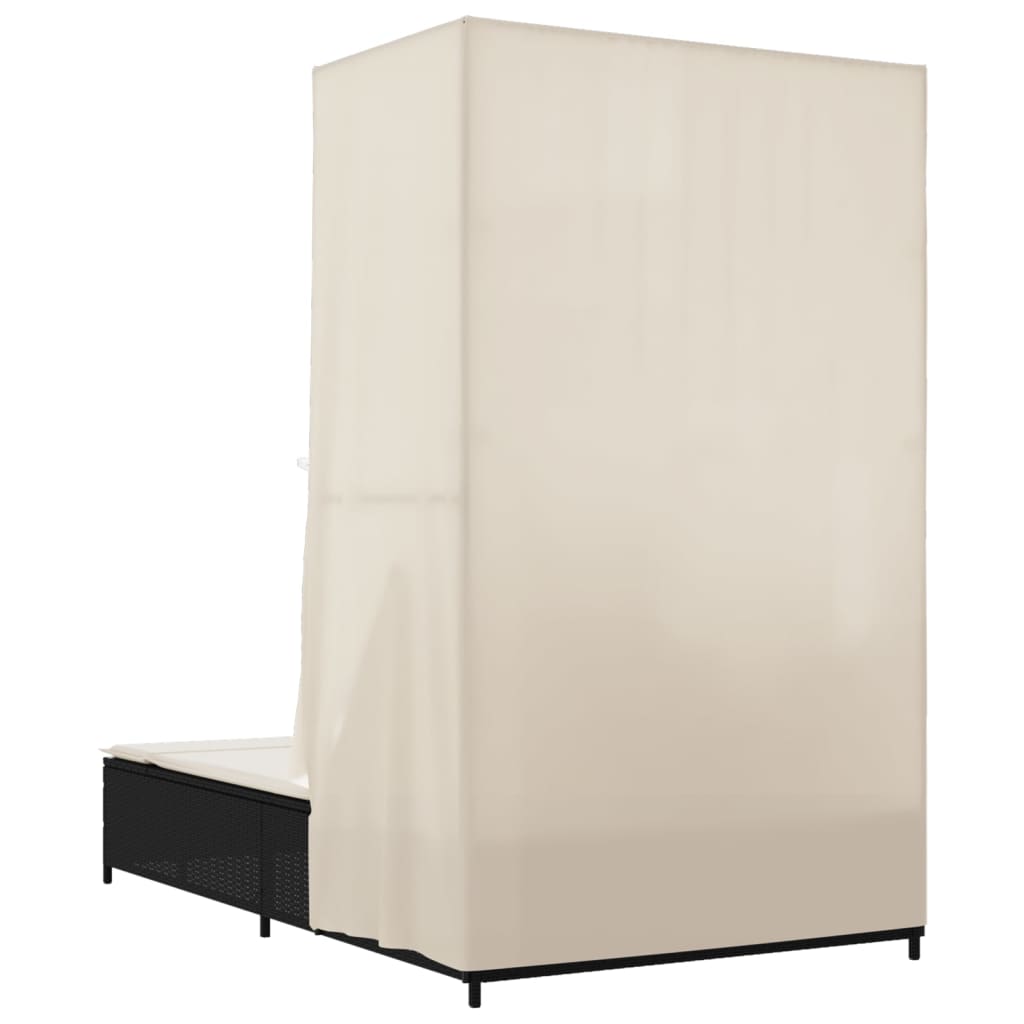 vidaXL Ξαπλώστρα Διπλή Μαύρη από Συνθετικό Ρατάν με Οροφή / Κουρτίνες