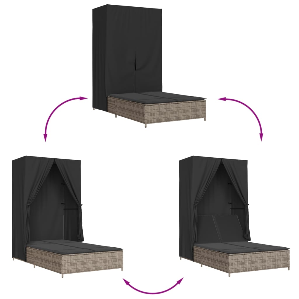 vidaXL Ξαπλώστρα Διπλή Γκρι από Συνθετικό Ρατάν με Οροφή / Κουρτίνες