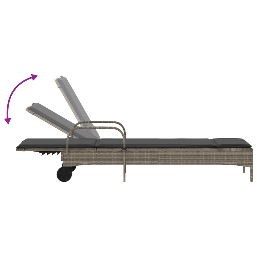 vidaXL Ξαπλώστρα Γκρι από Συνθετικό Ρατάν με Τροχούς/Μαξιλάρια