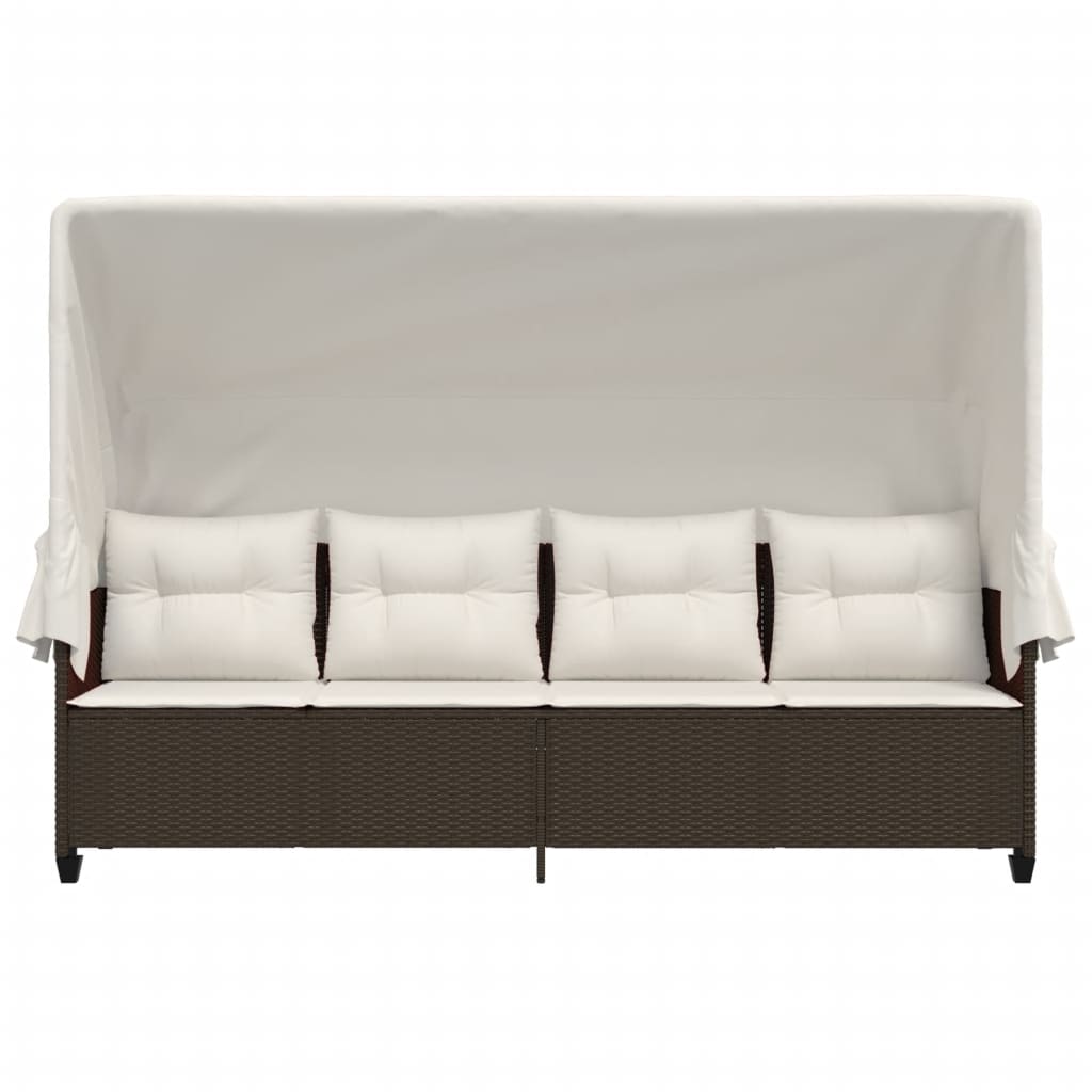 vidaXL Ξαπλώστρα Καφέ Συνθετικό Ρατάν με Σκίαστρο και Μαξιλάρια