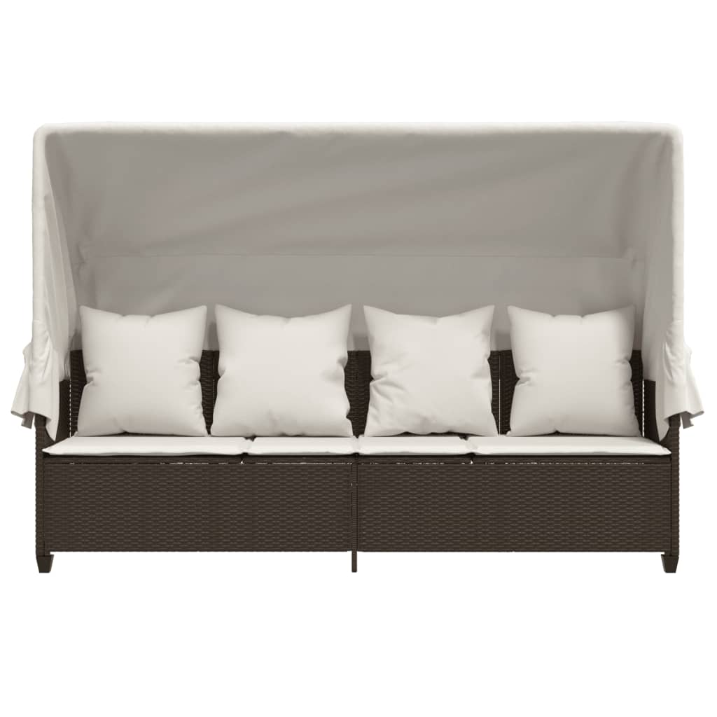 vidaXL Ξαπλώστρα Καφέ Συνθετικό Ρατάν με Σκίαστρο και Μαξιλάρια