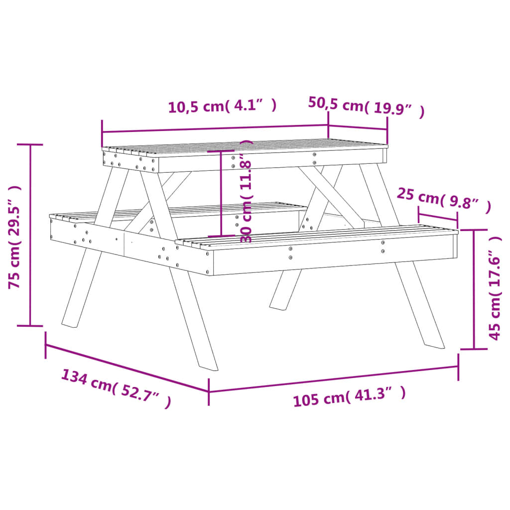 vidaXL Τραπέζι Πικνίκ Καφέ Κεριού 105x134x75 εκ. από Μασίφ Ξύλο Πεύκου