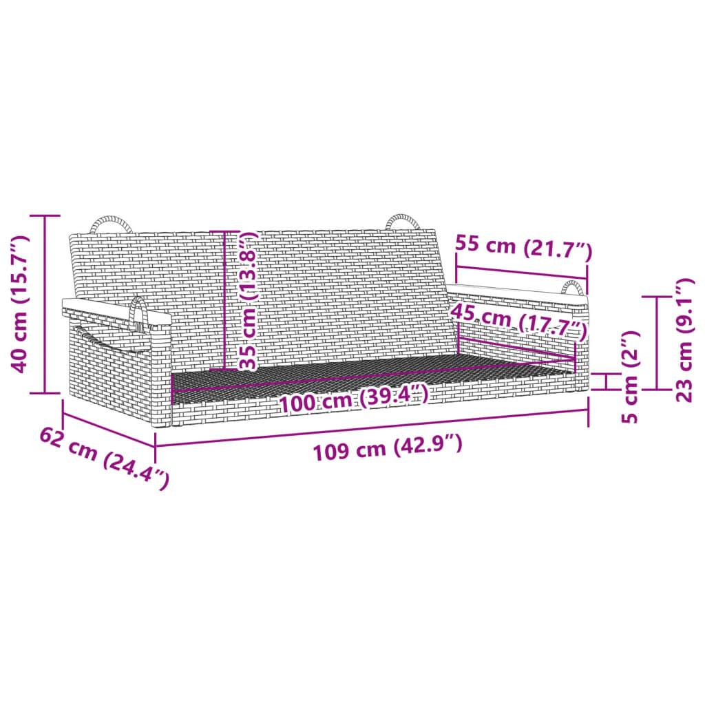 vidaXL Παγκάκι Κούνια Μαύρο 109 x 62 x 40 εκ. από Συνθετικό Ρατάν