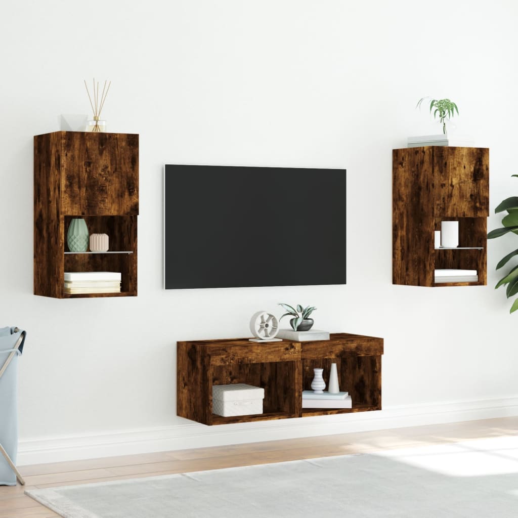 vidaXL Ντουλάπια Τηλεόρασης Τοίχου 4 Τεμ. με Φώτα LED Καπνιστή Δρυς