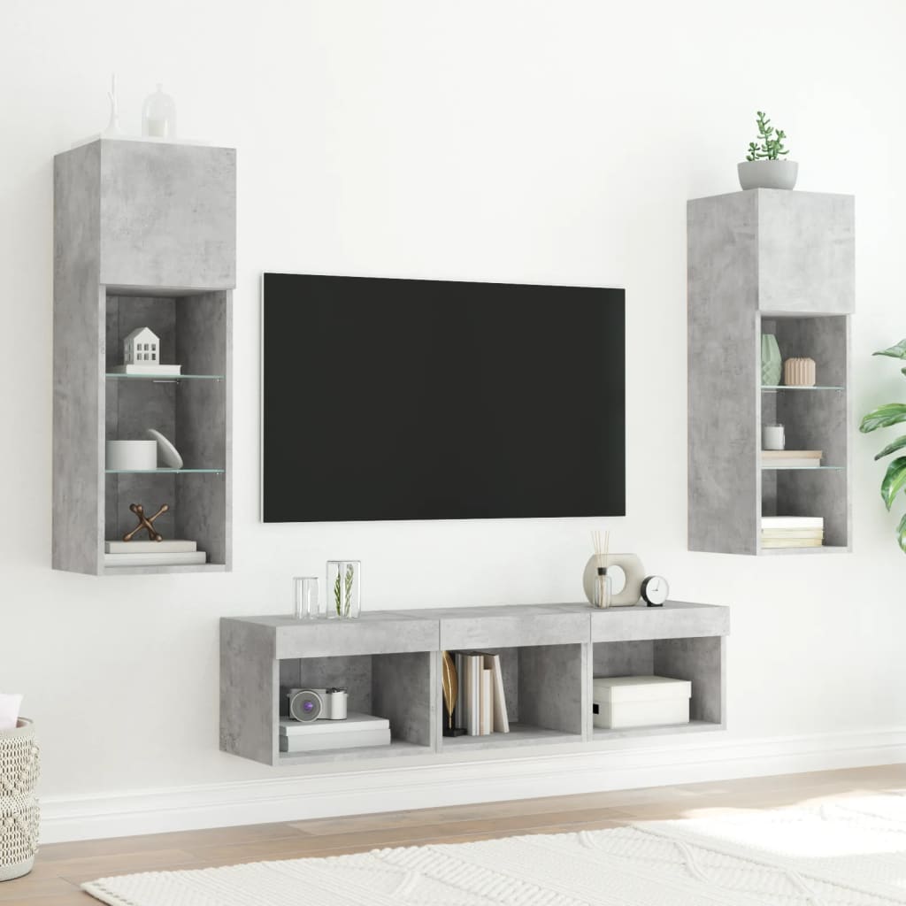 vidaXL Έπιπλα Τοίχου Τηλεόρασης 5 τεμ. LED Γκρι Σκυρ. από Επεξ. Ξύλο