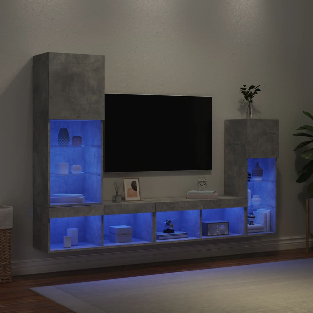 vidaXL Έπιπλα Τοίχου Τηλεόρασης 4 τεμ. LED Γκρι Σκυρ. από Επεξ. Ξύλο