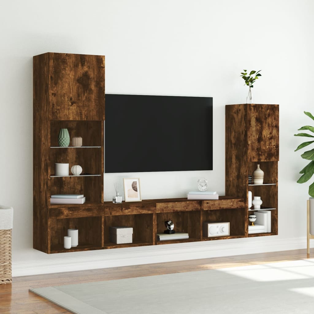 vidaXL Έπιπλα Τοίχου Τηλεόρασης 4 τεμ LED Καπνιστή Δρυς από Επεξ. Ξύλο