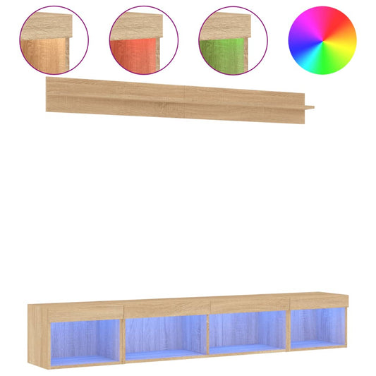 vidaXL Έπιπλα Τοίχου Τηλεόρασης 5 τεμ. LED Sonoma Δρυς από Επεξ. Ξύλο